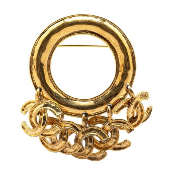 CHANEL Five CC Logos Round Circle Brooch Gold Tone Pin 94P Auth w/Box #9169 - Picture 1 of 5